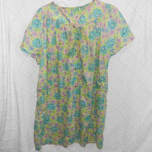 VINTAGE NIGHTGOWN HOUSE COAT GRANNY DRESS PEARL SNAPS COTTAGE CORE-FREE SIZE